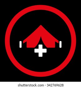 Filed Hospital vector icon. Style is bicolor flat rounded symbol, red and white colors, rounded angles, black background.