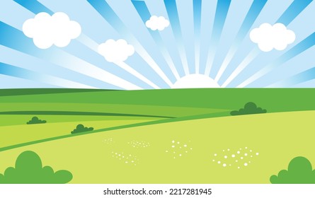 ilustración de vector de paisaje archivada. Caricatura llana de verano primavera hermosa naturaleza, prado de praderas verdes y sol en el fondo del horizonte.