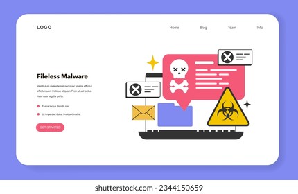Malware-Web-Banner oder -Landing-Seite ohne Ablage. Virus, Hacker-Software, Web-Betrug oder Betrug. Fehlerhafte Computer-Memory-basierte Software, die ein Gerät beschädigt. Cyberangriff-Tool. Flache Vektorgrafik