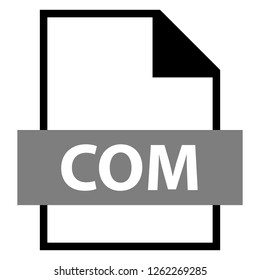 Filename extension icon COM DOS Command file format created in flat style. The sign depicts a white sheet of paper with a curved corner and a colored rectangle with the name of the file.