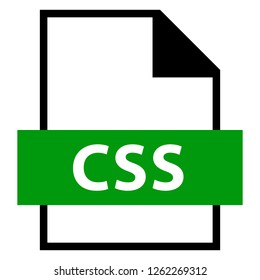 Filename extension icon CSS Cascading Style Sheets file format created in flat style. The sign depicts a white sheet of paper with a curved corner and a colored rectangle with the name of the file.