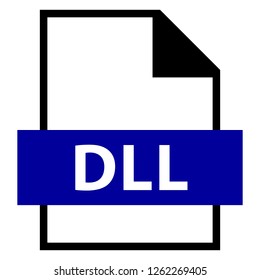 Filename extension icon DLL Dynamic Link Library file format created in flat style. The sign depicts a white sheet of paper with a curved corner and a colored rectangle with the name of the file.
