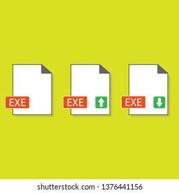 Filename extension icon EXE executable file format created in flat style. The sign depicts a white sheet of paper with a curved corner and a colored rectangle with the name of the file.