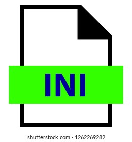 Filename extension icon INI Initialization file format created in flat style. The sign depicts a white sheet of paper with a curved corner and a colored rectangle with the name of the file.