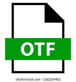Filename extension icon OTF Open Type Font file format created in flat style. The sign depicts a white sheet of paper with a curved corner and a colored rectangle with the name of the file.