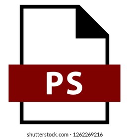 Filename extension icon PS PostScript file format created in flat style. The sign depicts a white sheet of paper with a curved corner and a colored rectangle with the name of the file. 