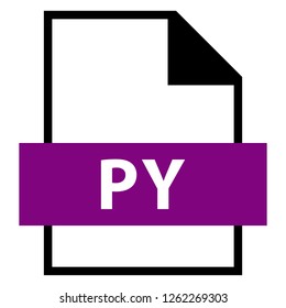 Filename extension icon PY Python Script file format created in flat style. The sign depicts a white sheet of paper with a curved corner and a colored rectangle with the name of the file.