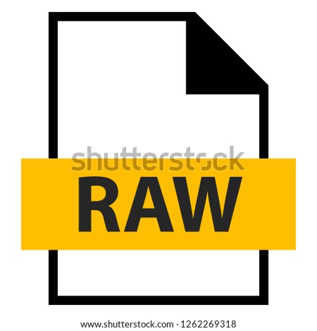 Filename extension icon RAW camera raw image file format created in flat style. The sign depicts a white sheet of paper with a curved corner and a colored rectangle with the name of the file.