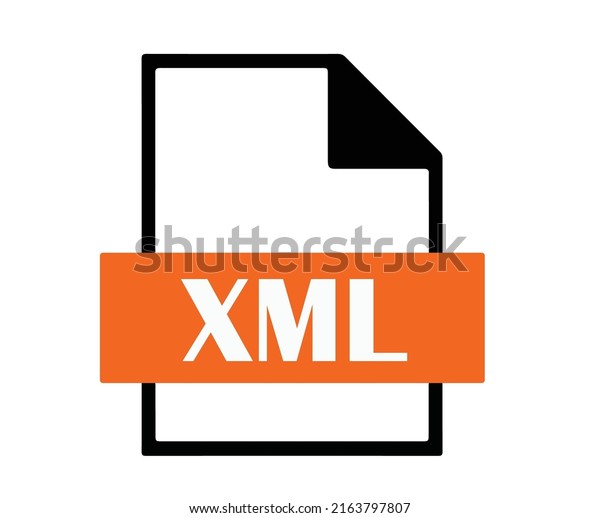 Filename extension icon XML extensible Markup\
Language file format created in flat style. The sign depicts a\
white sheet of paper with a curved corner and colored rectangle the\
name of the file