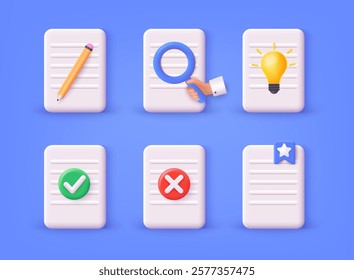 Files 3D Big Set. Document file icons. Search, pen, lightbulb, . 3D Web Vector Illustrations.