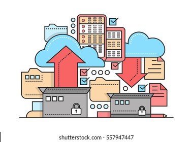 Files archiving, backup - vector modern flat line design illustration with archivation process, boxes, clouds, arrows