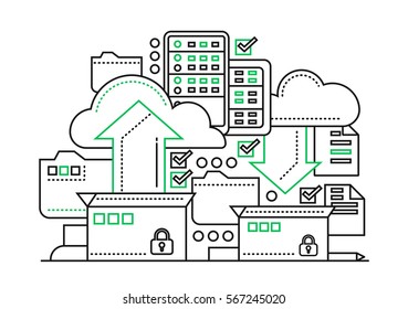 Files archiving, backup - vector modern flat line design illustration with archivation process, boxes, clouds, arrows