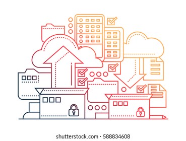 Files archiving, backup - vector modern flat line design illustration with archivation process, boxes, clouds, arrows - color gradient