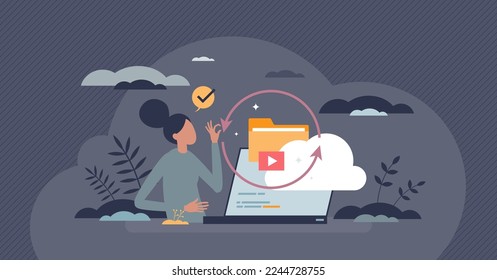 Files backup with information duplicate upload to cloud server tiny person concept. Online document storage to website vector illustration. Transfer digital database to hosted folder for fast recovery