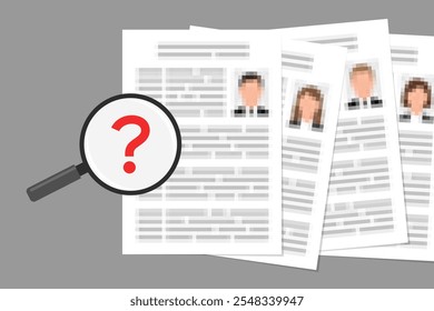 Files with blurred personal data, and magnifier with question mark inside it. Concept of personal information protection, confidential data security