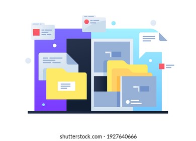 Files in cabinet vector illustration. Colourful folders with documents flat style. Archive room. Business and administration concept. Isolated on white background