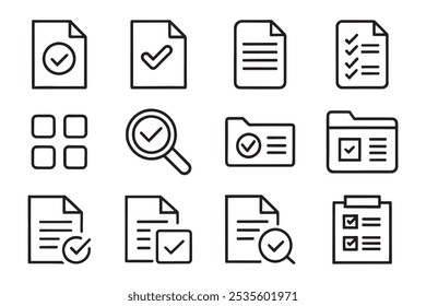 Arquivos, marca de seleção, localizar, pesquisar, papel relacionado ícone editável conjunto isolado vetor plano ilustração branco fundo.