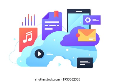 Files in cloud storage vector illustration. Computing service for storing data documents, photos and music on remote servers flat style design. Isolated on white background