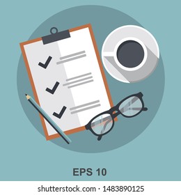 files, a cup of coffee, glasses and pencil on table colorful and isolated vector illustration