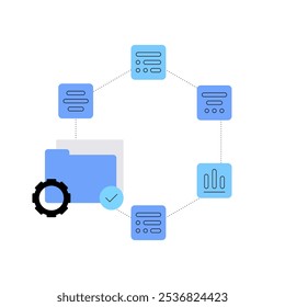 Arquivos e sistema de dados. Tecnologia de dados. Ilustração plana, esquema abstrato. Arquivo vetorial.