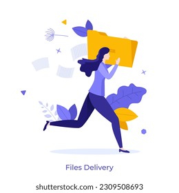 Files Delivery flat concept vector illustration. Running woman with folder. Scene with data transfer cartoon character for web design. Creative idea for website, mobile and presentation