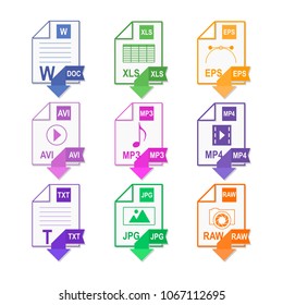 Files of different formats. Icon set. Flat design. File extension icons. 