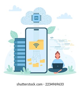 Imágenes vectoriales de descarga y gestión de archivos y documentos. Minúsculo caricaturista que conecta el teléfono móvil y el almacenamiento en la nube para cargar y copiar carpetas, acceso remoto para backup y archiving del sistema