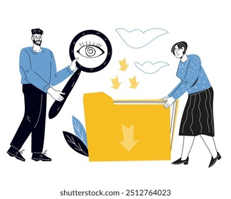 Files and documents cloud data storage, cloud upload tracking, data transfer. Business people downloading folders with documents, flat vector illustration isolated on white.