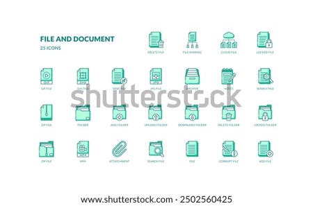 files and documents database computer technology archive storage detailed green filled line icon set