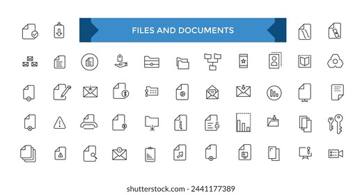 Dateien und Dokumente mit Symbolsatz. Office- und Workplace-Websymbole im Linienstil. Mitarbeiter, Konferenz, Projekt, Dokument, Geschäft, Arbeit, Support