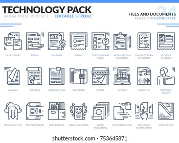 Files and Documents Icons Set. Editable Stroke. Technology outline icons pack. Pixel perfect thin line vector icons for web design and website application.