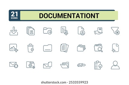 Ícones de linha de arquivos e documentos definidos. Incluindo pasta, arquivo, PDF, relatório, gerenciamento de documentos e muito mais. Coleção de ícones de linha fina. Traçado editável. Ilustração vetorial.