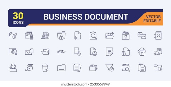 Files and documents line icons set. Including folder, archive, PDF, report, document management and more. Thin line icon collection. Editable stroke. Vector illustration.