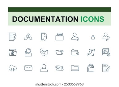 Ícones de linha de arquivos e documentos definidos. Incluindo pasta, arquivo, PDF, relatório, gerenciamento de documentos e muito mais. Coleção de ícones de linha fina. Traçado editável. Ilustração vetorial.