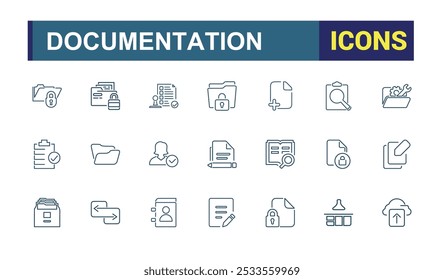 Symbole für Dateien und Dokumente. Einschließlich Ordner, Archiv, PDF, Bericht, Dokumentenmanagement und mehr. Sammlung von Symbolen für dünne Linien. Bearbeitbarer Strich. Vektorgrafik.