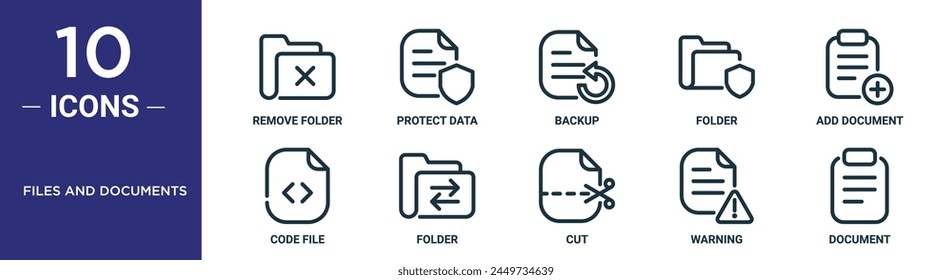 files and documents outline icon set includes thin line remove folder, protect data, backup, folder, add document, code file, folder icons for report, presentation, diagram, web design
