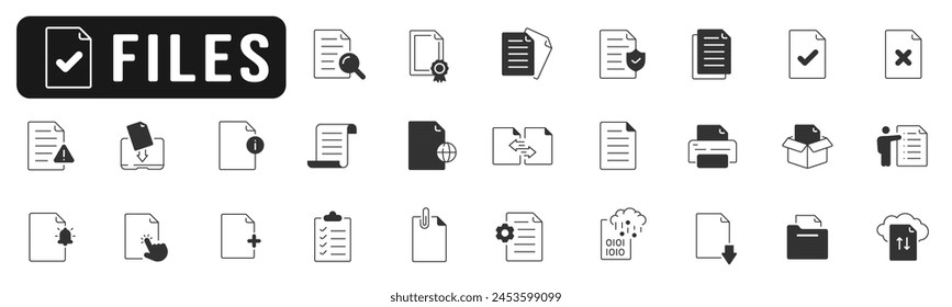 Files and documents solid line icon set. Page, print, list, download, copy etc