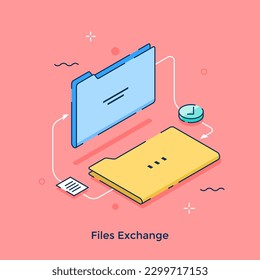 Files Exchange isometric concept vector illustration. Data transfer online. Digital communication cartoon composition on pink background for web design. Creative idea for website, mobile, presentation