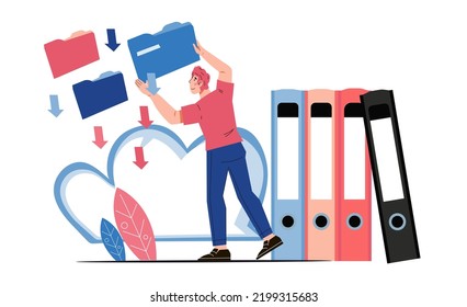 Files folder and cloud server storage and indexing of information, data archive and documents workflow, cartoon flat vector illustration isolated on white background.