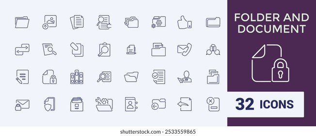 Files and Folder icon set. Office document icon collectin. Including email, message, letter, folder, file, document, calendar, planner and more. in minimal line style.