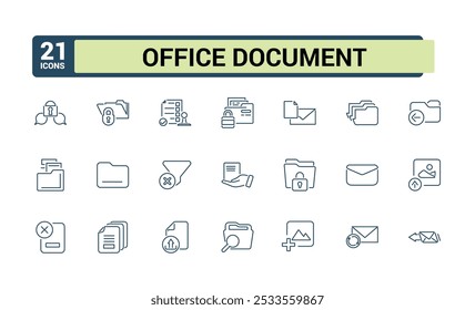 Files and Folder icon set. Office document icon collectin. Including email, message, letter, folder, file, document, calendar, planner and more. in minimal line style.