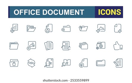 Files and Folder icon set. Office document icon collectin. Including email, message, letter, folder, file, document, calendar, planner and more. in minimal line style.