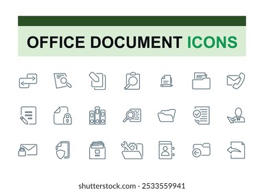 Files and Folder icon set. Office document icon collectin. Including email, message, letter, folder, file, document, calendar, planner and more. in minimal line style.