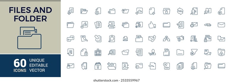 Files and Folder icon set. Office document icon collectin. Including email, message, letter, folder, file, document, calendar, planner and more. in minimal line style.