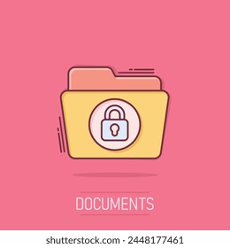 Icono de permiso de carpeta de archivos en estilo cómico. Ilustración vectorial de dibujos animados de acceso a documentos sobre fondo aislado. Secreto Archivar splash efecto signo concepto de negocio.