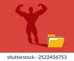 Files folder standing bodybuilding shadow. Data transfer backup on cloud server security process concept