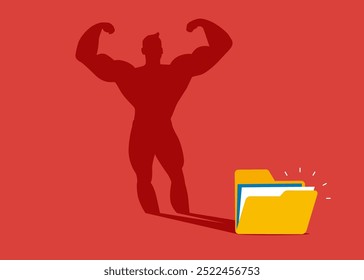 Dateien Ordner stehenden Bodybuilding Schatten. Datenübertragungs-Backup auf Cloud-Server-Sicherheitskonzept