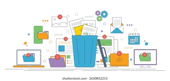 Files and folders being deleted in a digital trash bin, with documents, icons and media under error signs in a cluttered workspace.