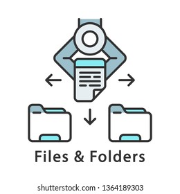 Files and folders color icon. Robot moving files into folders. Automatic file sorting. RPA. Automate clerical tasks, workflows. Robotic process automation. Isolated vector illustration