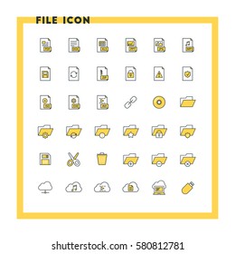 Files and folders flat design icon set. File type, folders, cloud computing, save, cut, delete. Vector icons. Yellow and black colors
